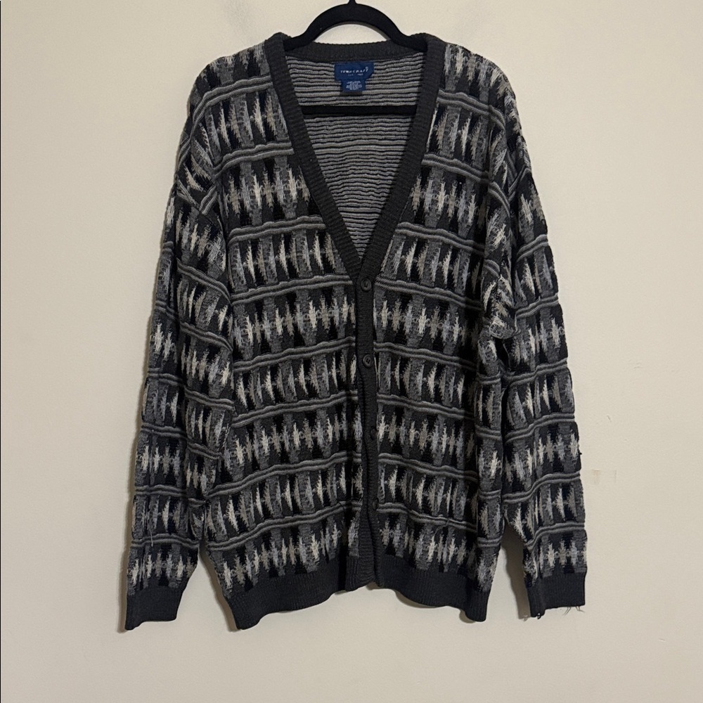 Vintage Towncraft Black Gray Cardigan Sweater knit men  XXL/XXG Y2K grandpa goth